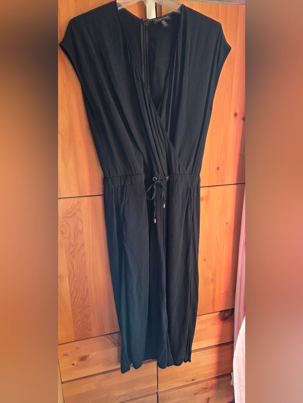 Eileen Fisher Black Mock Wrap Drawstring Waist Cropped Jumpsuit Small